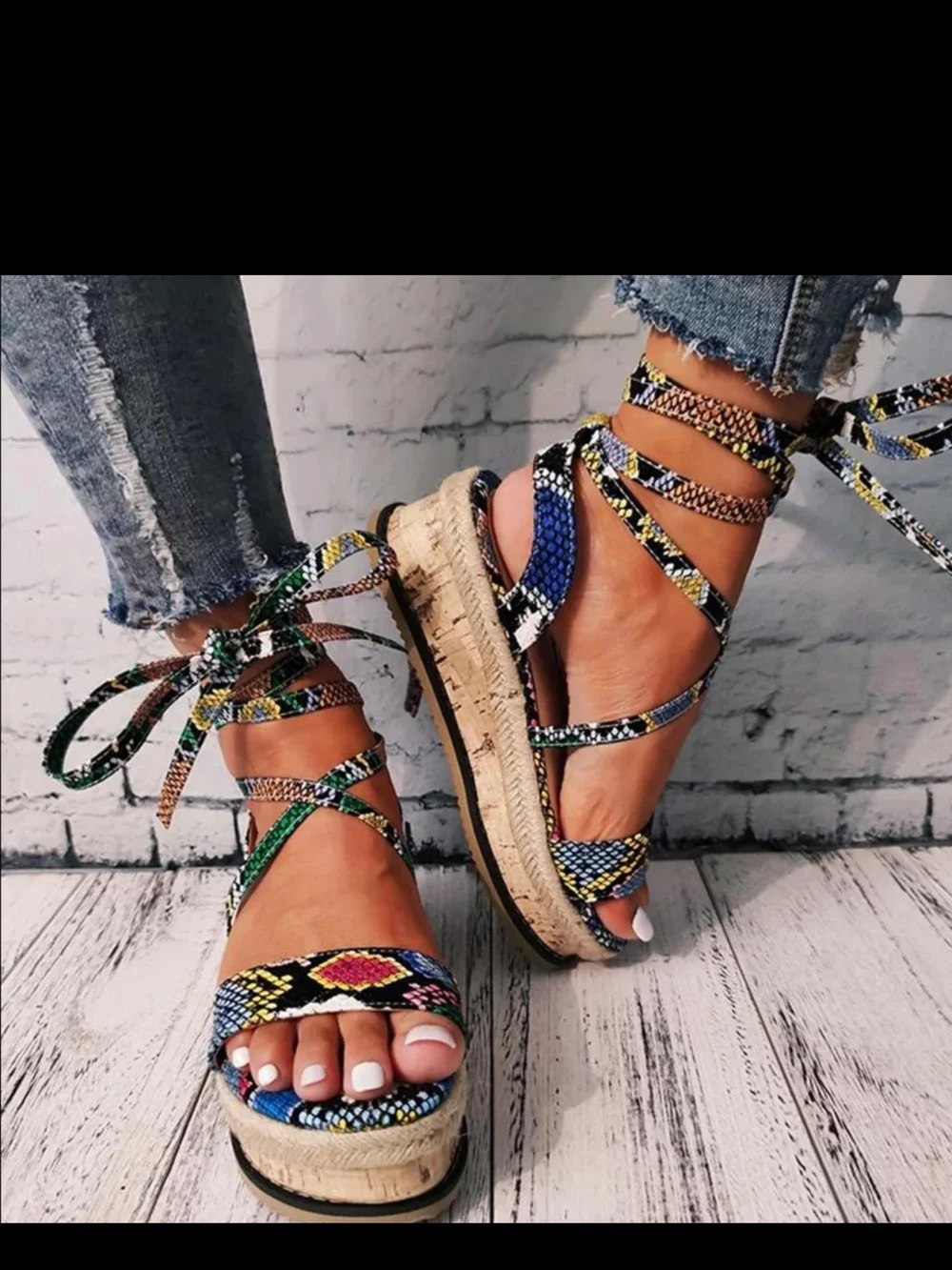 Women's Multicolor Snake-Print Lace-Up Wedge Sandals